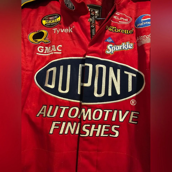 Dupont Jeff Gordon Red Racing Jacket snap front flames on sleeves Size Large - Picture 7 of 14